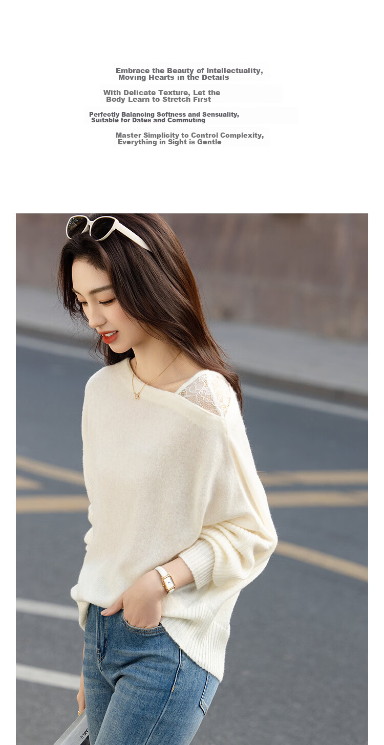 Demana Bare-Feel Lyocell Autumn Goat Cashmere Wool Spliced Lace Off-Shoulder Asymmetric Neck Knit Sweater for Women 6