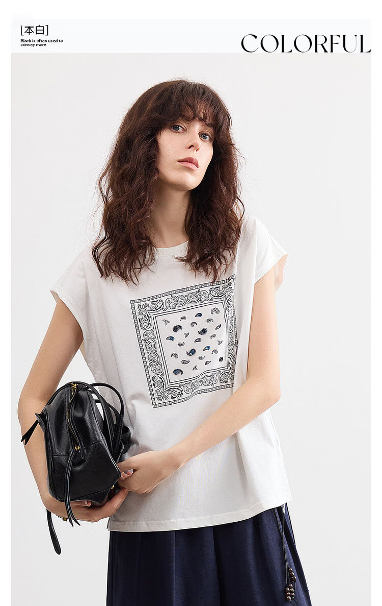 Demana [Cool Sorona] Summer Retro Print Crew Neck Short Sleeve Loose Casual Simple Versatile Women's T-Shirt 3