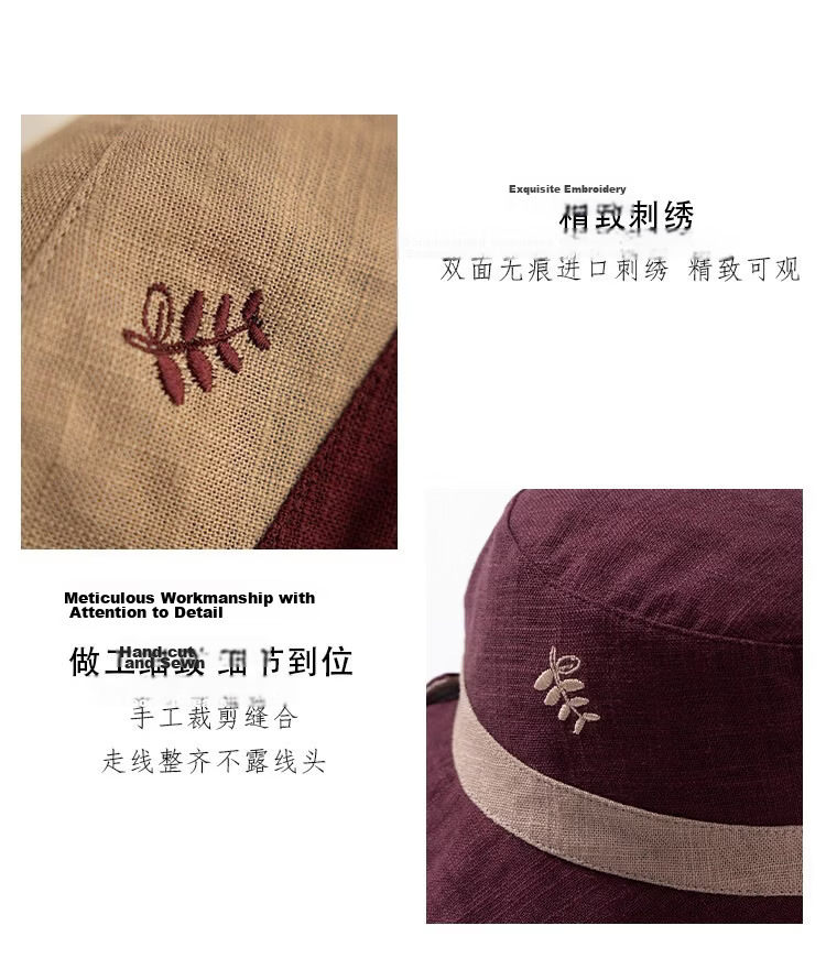 Lagur Natural Ramie Double-Sided Embroidered Fisherman Hat with Wild Berry Pattern, Large Head Circumference, Sun Protection, Red Rice Color 9