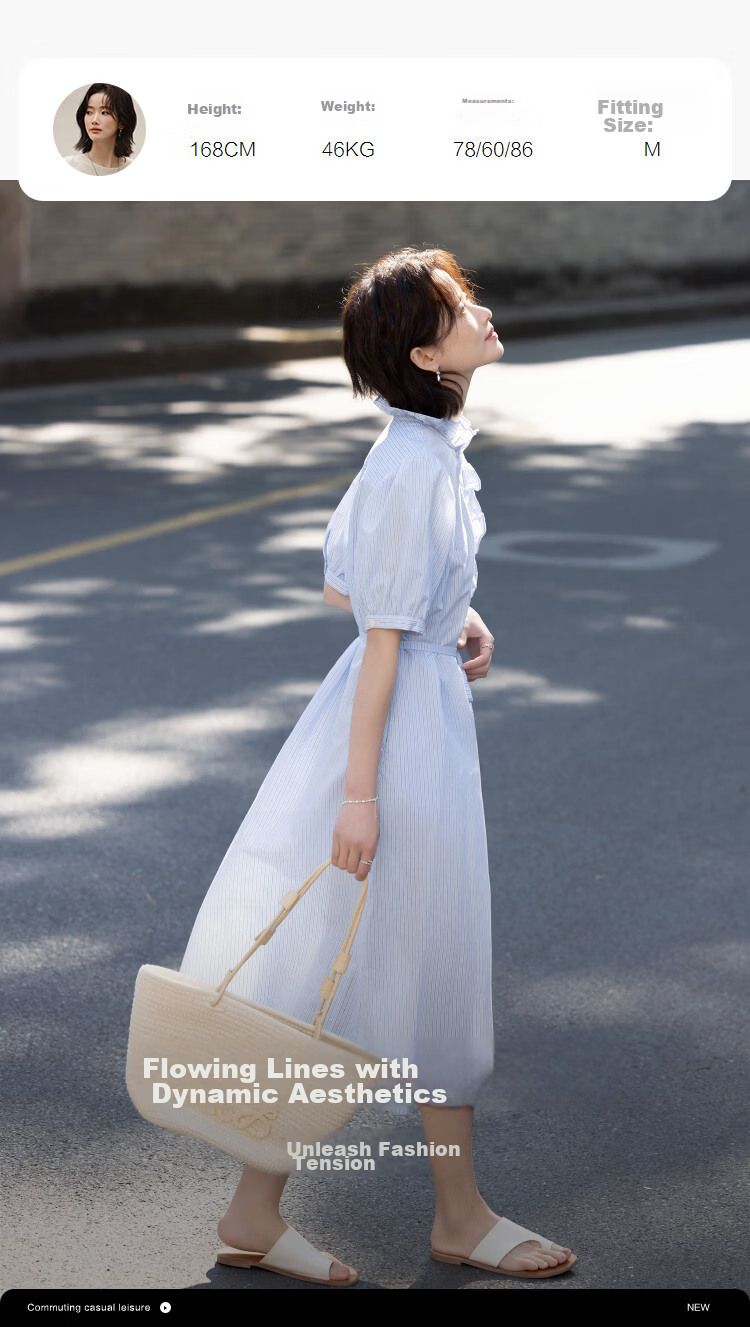 Demana French Romantic Summer Cloud Cotton Striped Ruffle Collar Waist-Slimming Dress for Women Premium Quality 9