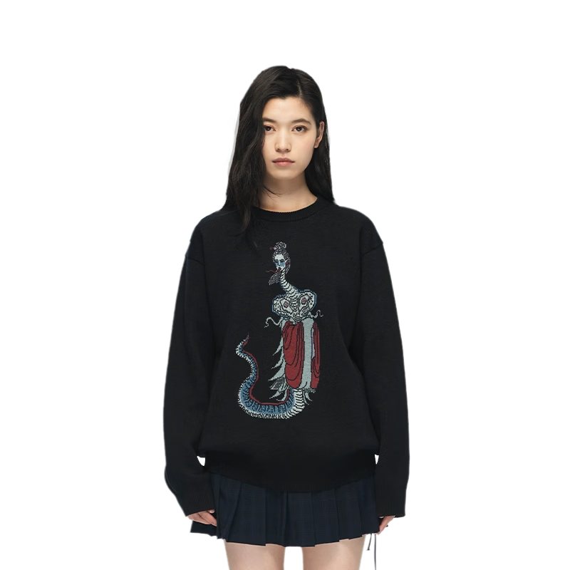 Heishenhua Yingshentu - Red Sweater, Blue-Black Color, Size L, Heishenhua Guokong Official Merchandise, Unisex Cotton Round Neck Pullover Loose Knit Sweater