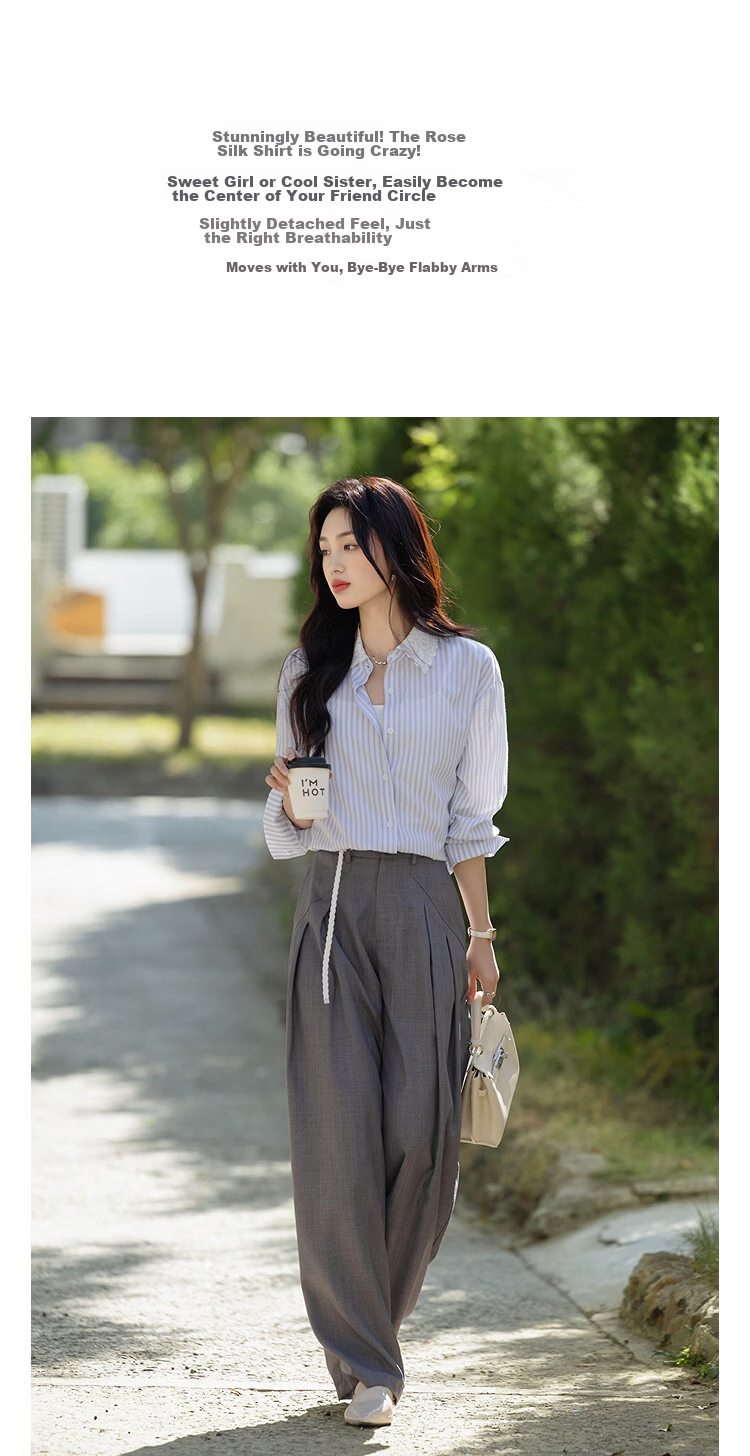 Demana Gentle Workplace Style Spring Lace Spliced Double-Layer Collar Striped Loose Petite Women's Shirt 5
