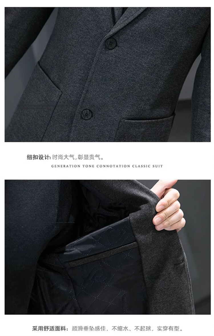 Pierre Cardin Men's Spring Autumn Slim Fit Korean Style Business Two-Button Wool Blazer Gray Regular XL 6