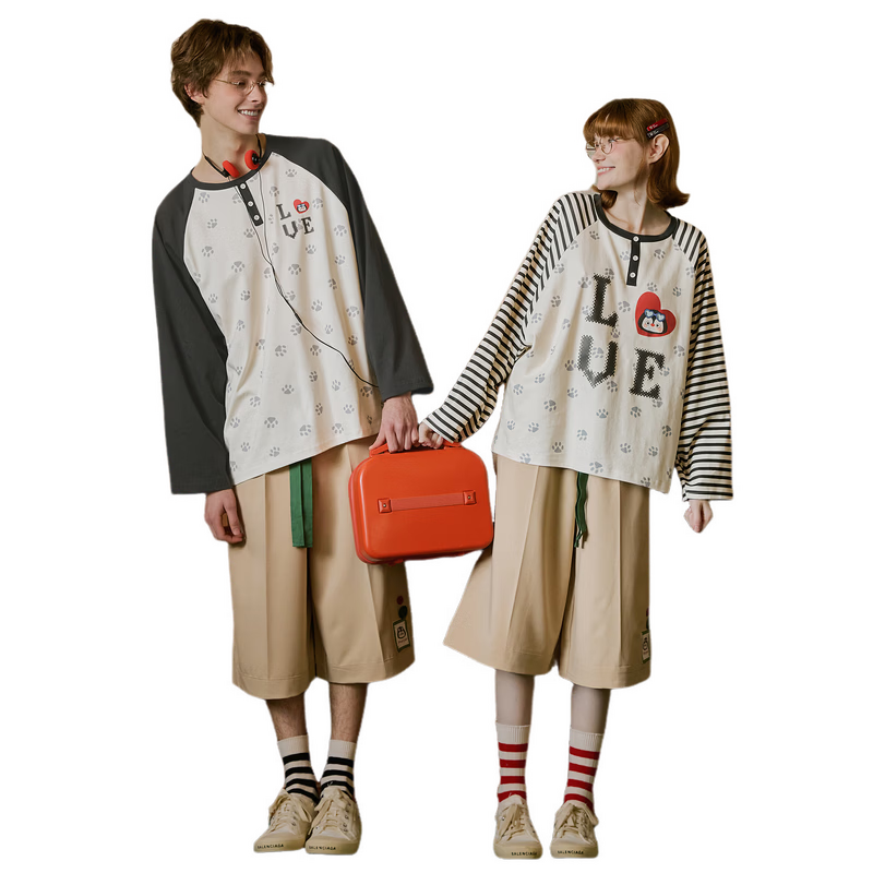 Gukoo Couples Spring Pajamas Small Penguin Print Striped Loose Raglan Sleeve Women's Homewear Set Men's Jade White S