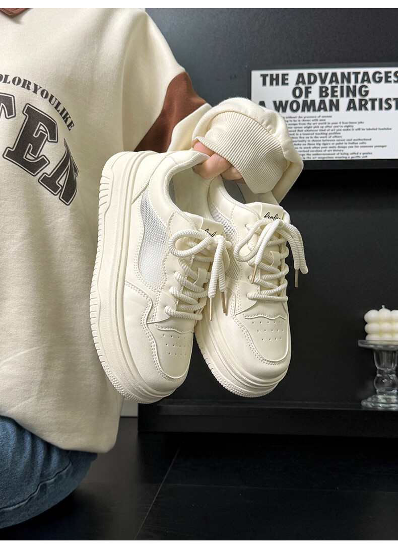 Renben Official Women's Summer Casual Shoes Mesh Breathable Sneakers Versatile White Shoes Beige Size 37 11