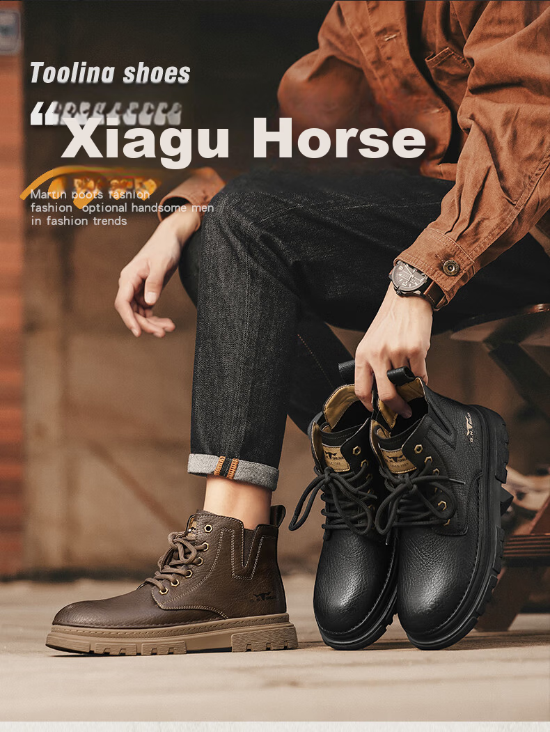 Bull Family Men's Boots Autumn Winter New British Retro Martin Boots Thick Sole Wear-Resistant Men's Work Boots Versatile Casual High-Top Shoes 2