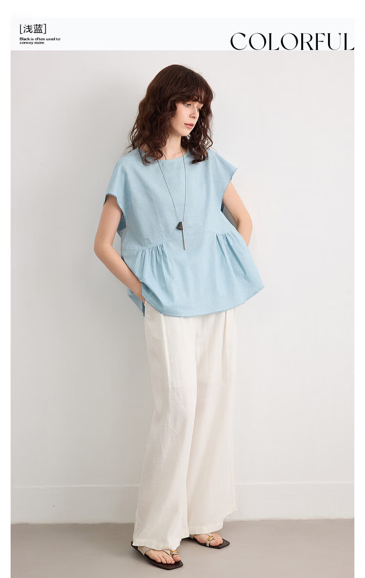 Demana [with Flax Cloud Cotton] Summer Simple Style Round Neck Covered Sleeve Lace Lightweight Loose Slim Shirt for Women Premium 3