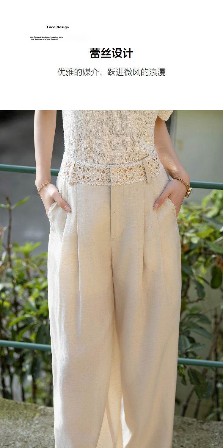 Demana Breathable Linen Vintage High-Waist Lace-Trim Drawstring Petite Women's Wide-Leg Casual Pants Spring 6