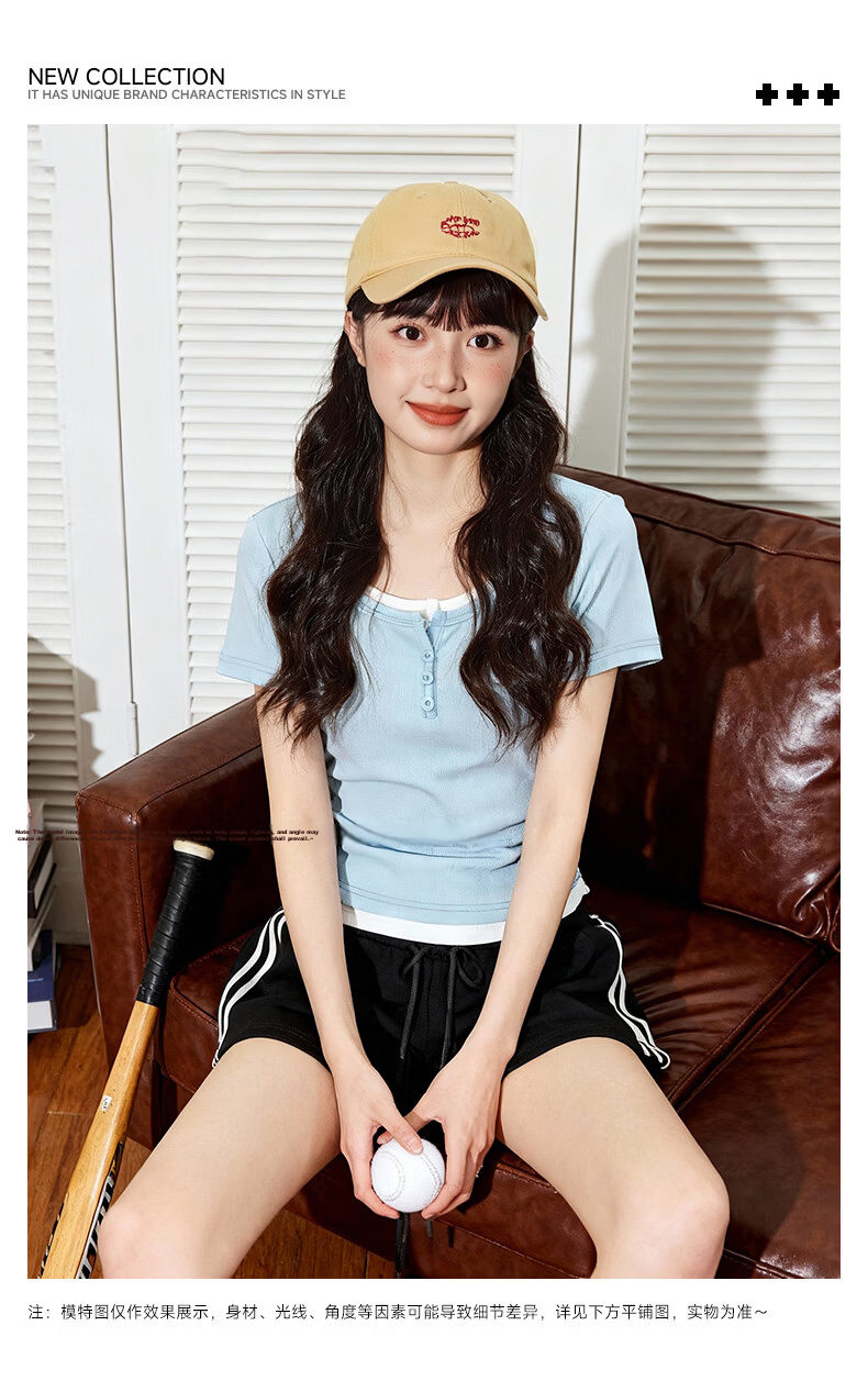 TonLion Women's Short Sleeve T-Shirt Summer New Fake Two-Piece High-End Shoulder Slim Fit Short Crop Top Spicy Girl Style 2