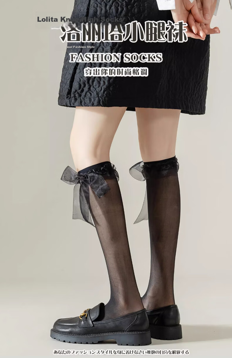 Langsha Women's Ultra-Thin Lace Bow Tie Black Lace Mid-Calf Socks Japanese JK Style Sexy Girl Leg Socks Spring Summer 1