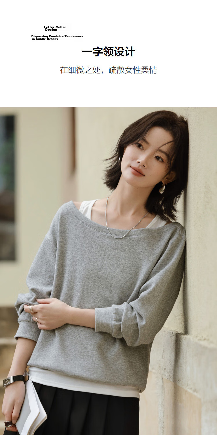 Demana [Comfort Elastic Air Layer] Spring Lazy Style Two-Piece Illusion Off-Shoulder Loose Slimming Concealing Sweatshirt for Women Premium Feel 6