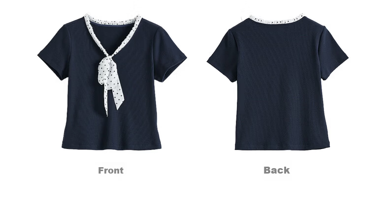 Sllsky Polka Dot Bow Tie V-Neck T-Shirt for Women 2026 Summer New Fashion Casual Short Sleeve Top 19