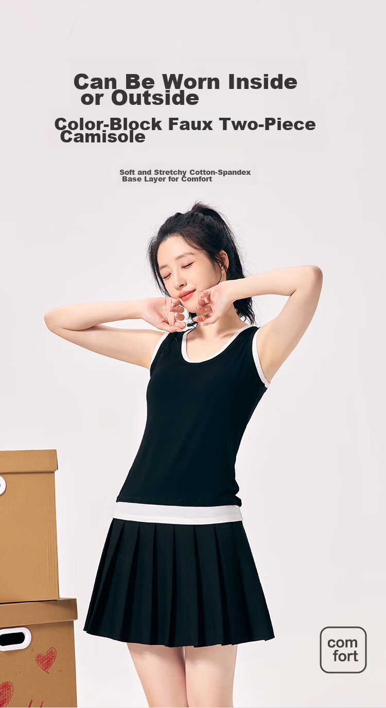 Hodo Women's Soft Stretch Cotton-Spandex Colorblock Fake Two-Piece Slim Fit Slimming Simple Sports Commuting Versatile Wide Strap Vest 1