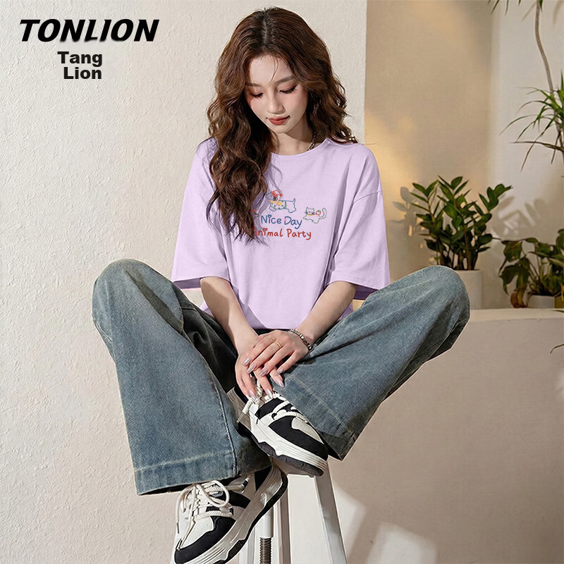 TonLion Pure Cotton Short-Sleeve T-Shirt, Women's Summer Fashion, American-Style Half-Sleeve Shirt, Loose-Fitting, Skin-Friendly, Cartoon-Inspired, High-End Ladies' Top