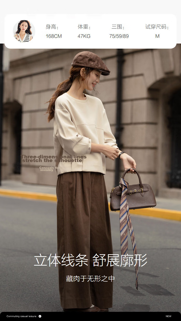 Demana Soft Air Layer Spring Elegant Crew Neck Design Segmented Pleated Wide Shoulder Petite Women's Sweatshirt 11