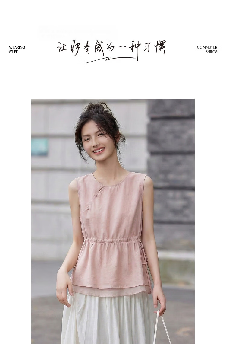 Demana [With Linen] Summer National Style New Chinese Round Neck Asymmetric Double-Layer Spliced A-Line Slimming Shirt for Women Premium Feel 13
