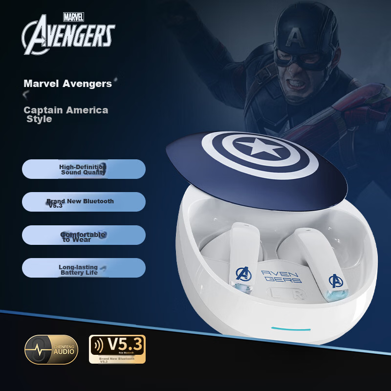 Disney Bluetooth Wireless Semi-In-Ear Music Sports Gaming Earphones Long Battery Life Commuting Back-to-School Gift for Boys Compatible with Apple Huawei ZC16 Captain America