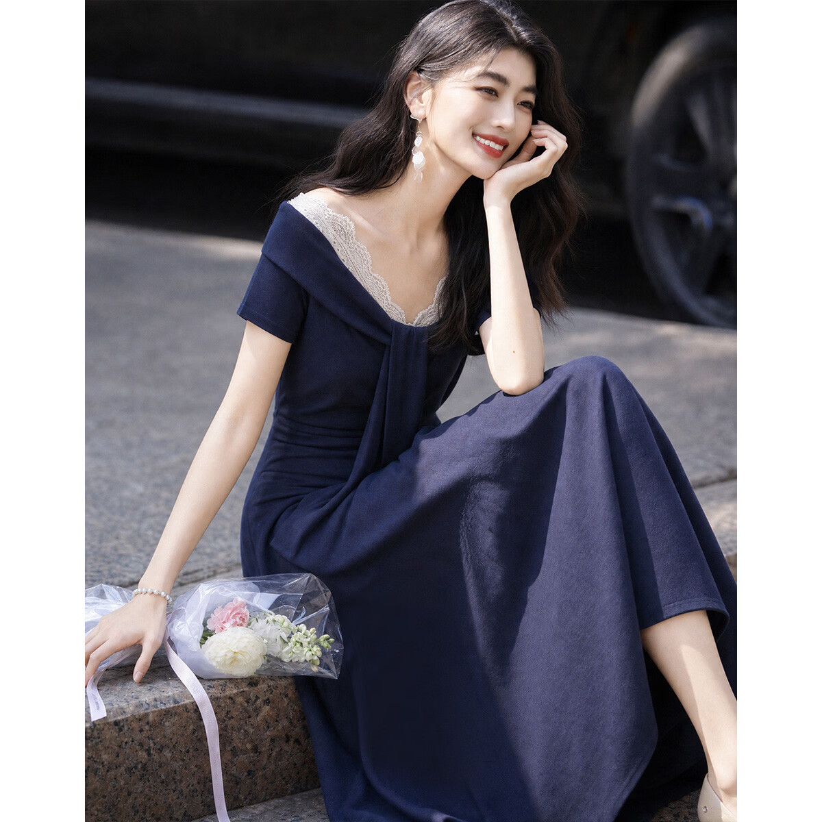 Demana [Seaside Holiday] Summer V-Neck Tie Lace Trim Ruffled Waist Slim Fit Dress for Petite Women