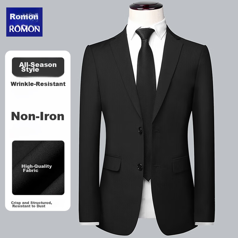 ROMON Men's Casual Formal Suit Jacket Mid-Young New Groom Best Man Work Business Spring Autumn Coat Black 2XL