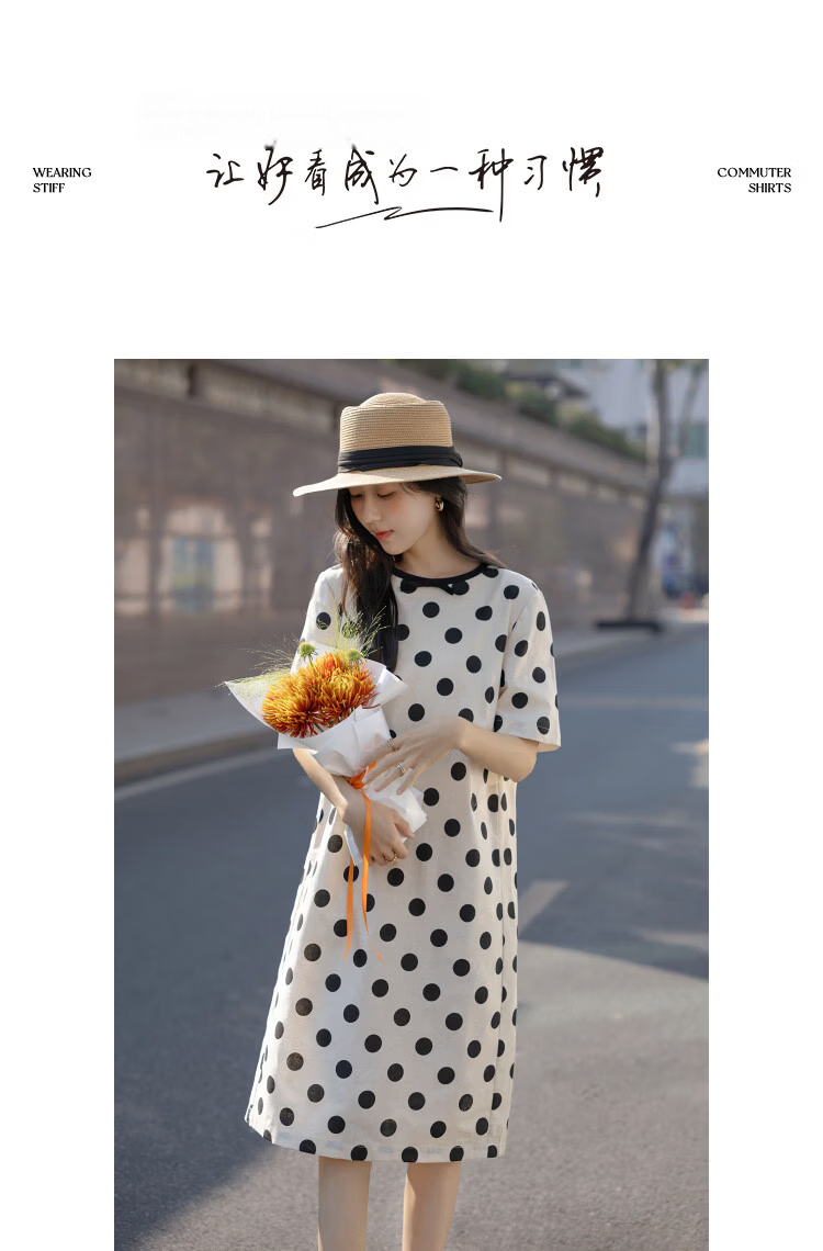 Demana [with Flax Cloud Oxygen Cotton] Summer Bowknot Decor Round Neck Polka Dot Print Loose Dress for Women Premium Quality 9