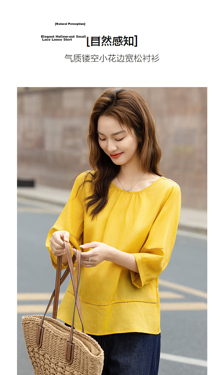 Demana [Ramie Lyocell Blend] Summer Round Neck Hollow Out Small Lace Loose Slimming Concealing Shirt for Women Premium Feel 5