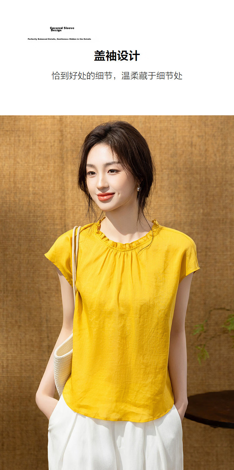 Demana [Ramie Lyocell Blend] Summer Artistic Style Ruffled Round Neck Cap Sleeve Slim Fit Shirt for Women High-End Feel 7