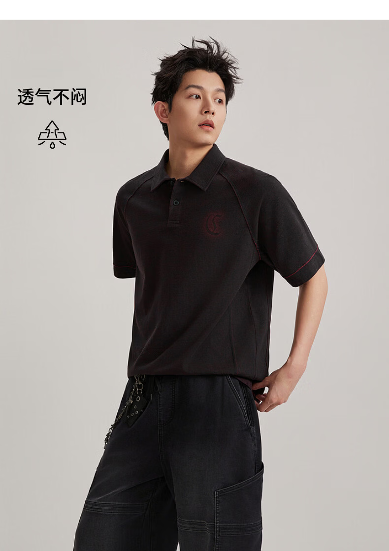 CABBEEN 100% Cotton Two-Tone Polo Shirt Men Low Saturation Vintage Burgundy 2026 Summer Breathable Short Sleeve Polo Shirt 15