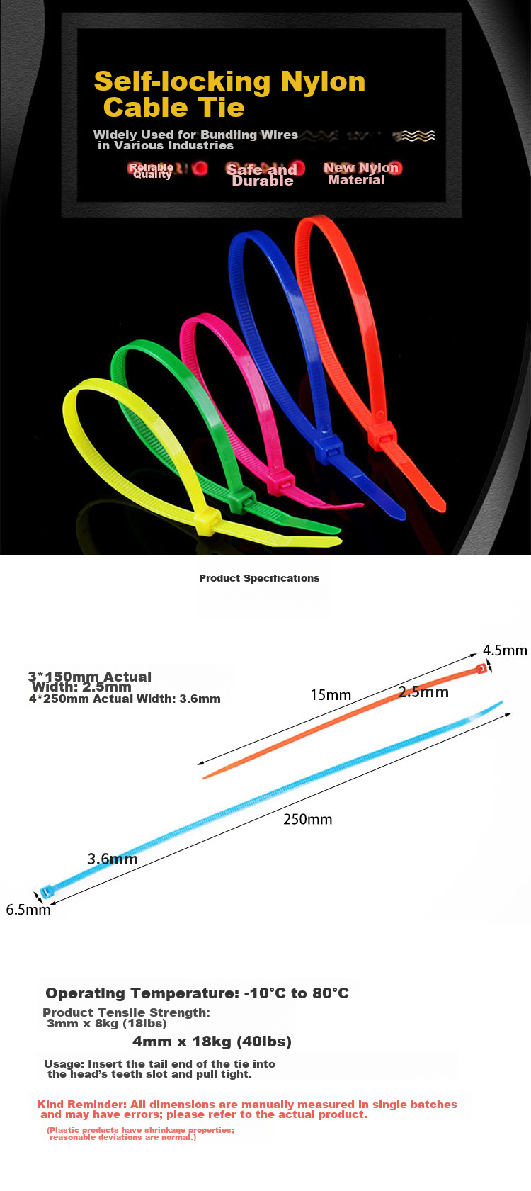 Haisidike [Jingcang Delivery] Colored Cable Ties Self-Locking Nylon Cable Ties Wire Bundling Straps 3*150mm (100 pcs) Blue HKL-346 3