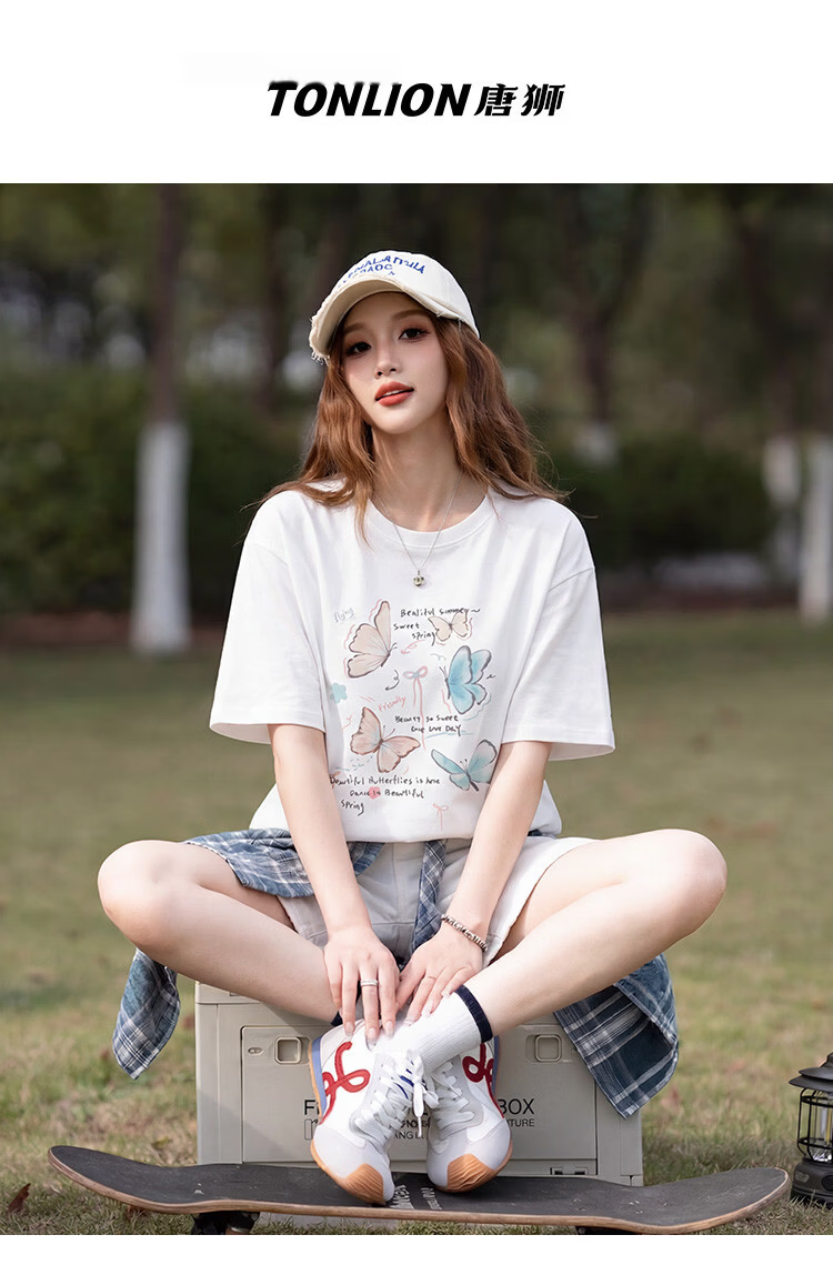 TonLion 2026 Summer New Women's White Cotton Short Sleeve T-Shirt Loose Fit Versatile Unique Beautiful 1