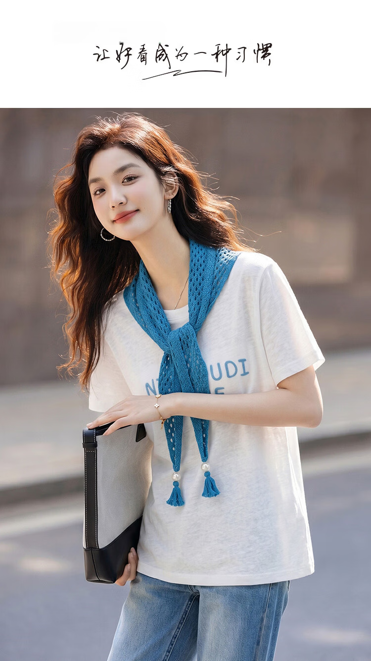 Demana [Comfort Cloud Cotton] Summer Urban Minimalist Style Scarf Letter Embroidery Slim Fit Short Sleeve T-Shirt for Petite Women 1