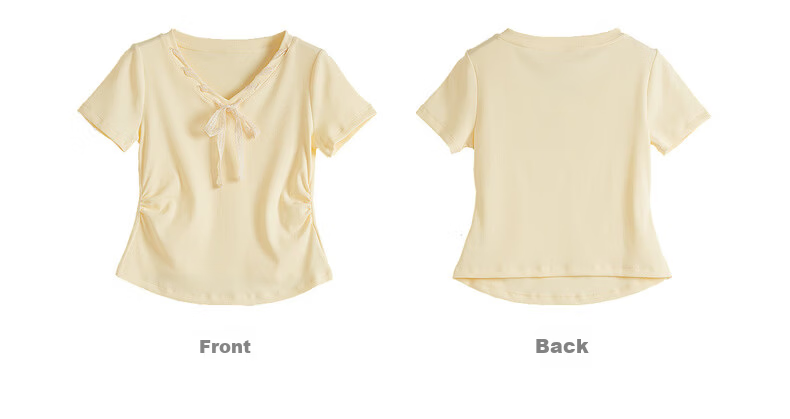 Sllsky Yellow Bow Tie V-Neck Short Sleeve T-Shirt Summer Women's Stylish Waist-Cinching Top 19