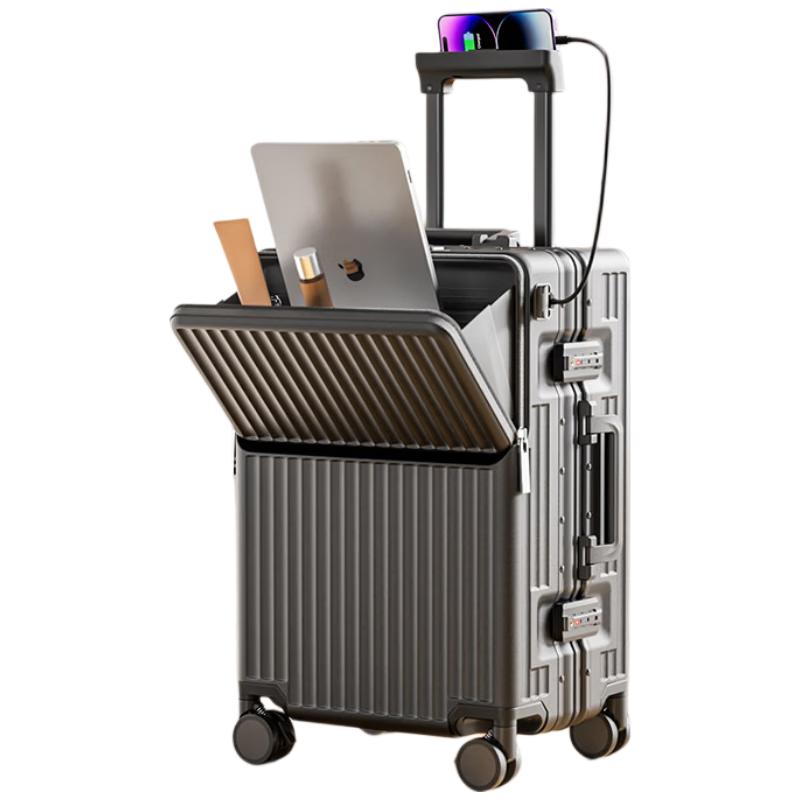 LUSIDI Front-Opening Multifunctional Suitcase Trolley Luggage Unisex Password Lock Gunmetal 24 Inch