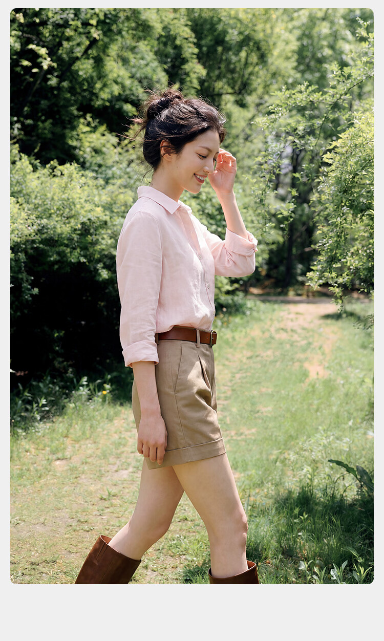 JD Jingzao Linen Shirt Luxury Vintage Style Women's Shirt 2026 New Spring Autumn High-End Long Sleeve Pink XS 27