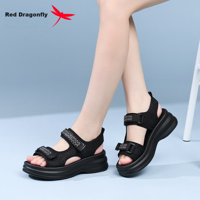 Red Dragonfly Women's Thick Sole Height Increasing Slimming Beach Outdoor Casual Commuting Lightweight Sandals WTK264781 Black Size 35