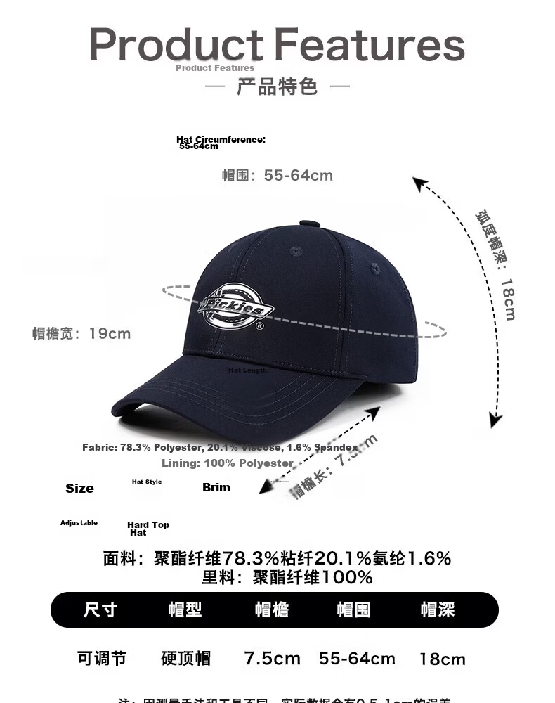 Dickies American Style Hard Top Baseball Cap Unisex Large Head Size Slim Face Deep Brim Four Seasons Sun Protection Duckbill Hat Navy Blue 9