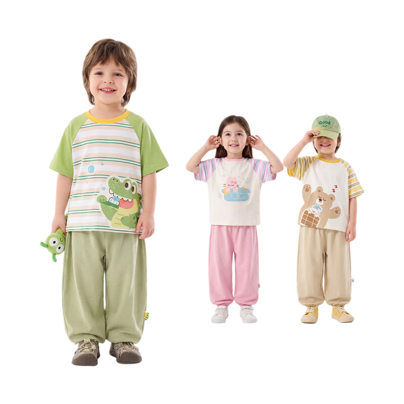 Dudu Home [7A Antibacterial] Children's Cartoon Summer Set Baby Short Sleeve Long Pants Boys and Girls Two-Piece Summer Outfit Green 100