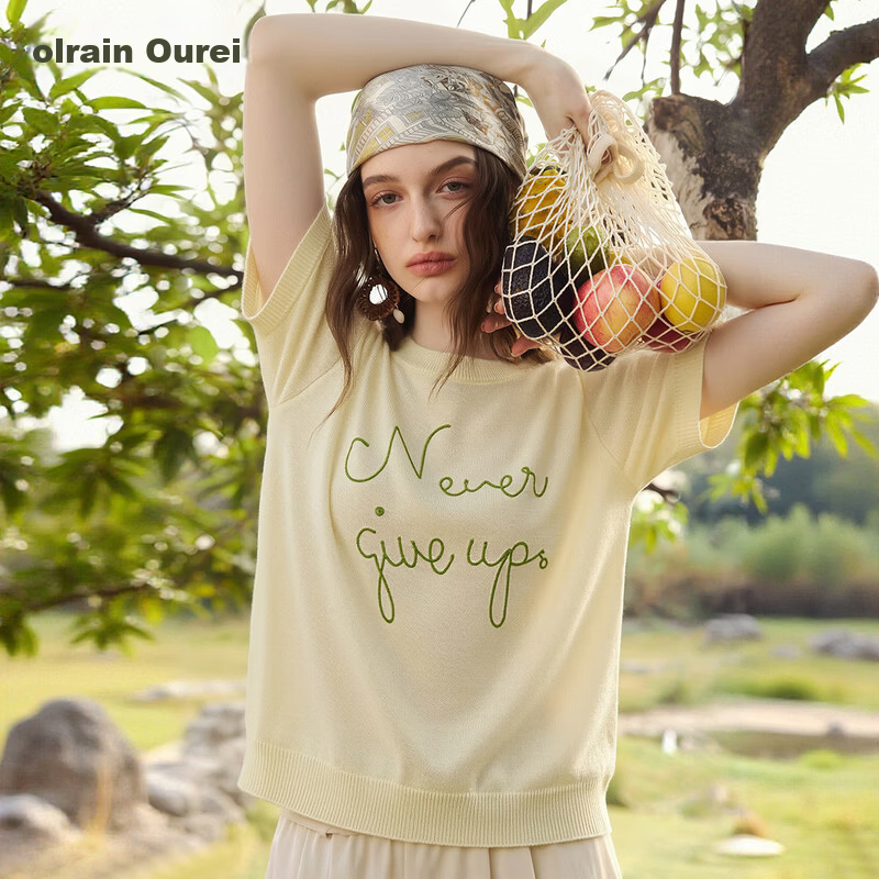 Olrain Eurie Summer New Women's Lazy Bamboo Fiber Knit Loose Versatile Thin Pullover Light Yellow S