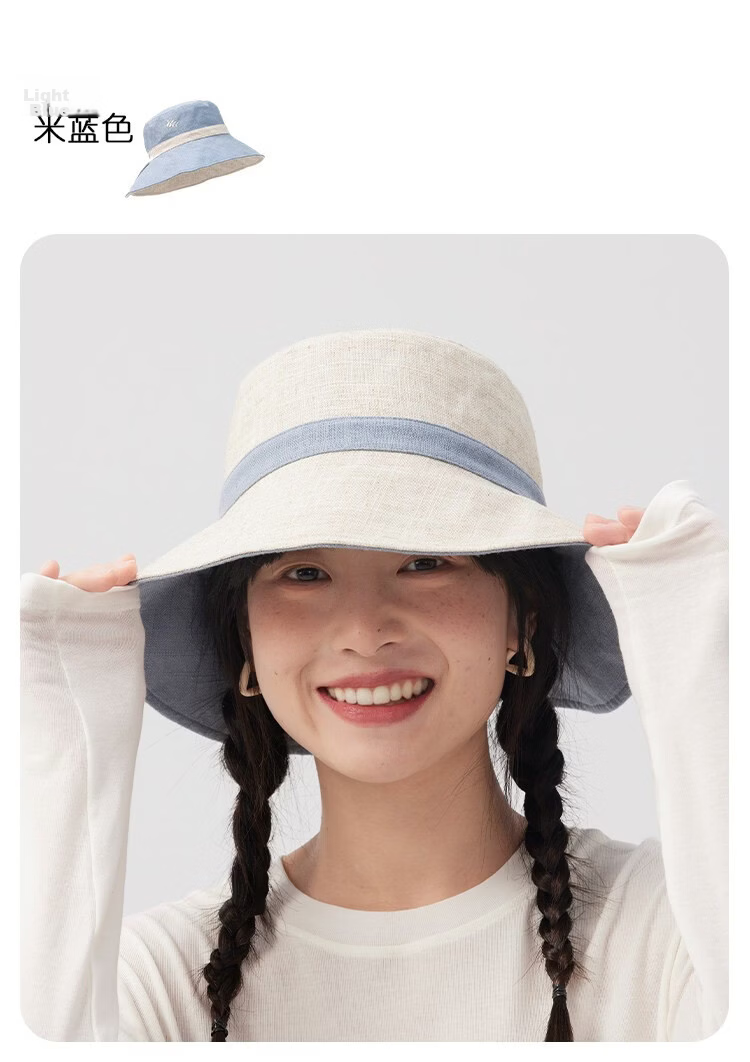 Lagur Natural Ramie Double-Sided Embroidered Fisherman Hat with Wild Berry Pattern, Large Head Circumference, Sun Protection, Red Rice Color 17