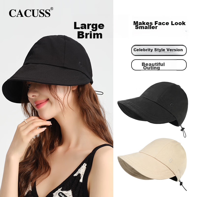 CACUSS Women's Foldable Summer Fisherman Hat Outdoor Sun Protection Large Head Circumference Mountaineering Sun Hat Slim Face Black Large