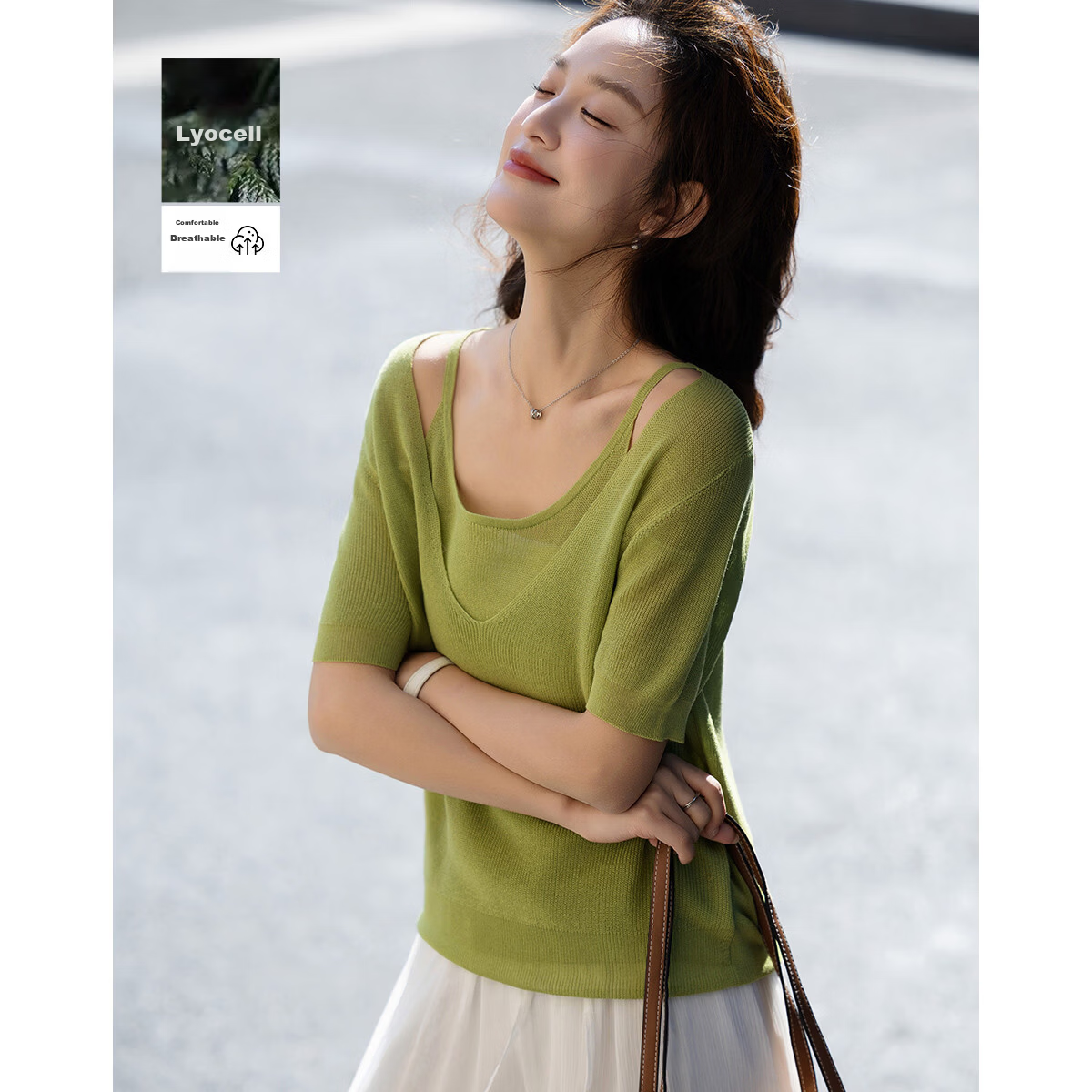 Demana [Breathable Tencel] Spring Design Fake Two-Piece Short Sleeve Sweater Gentle Slimming Women's Knitwear
