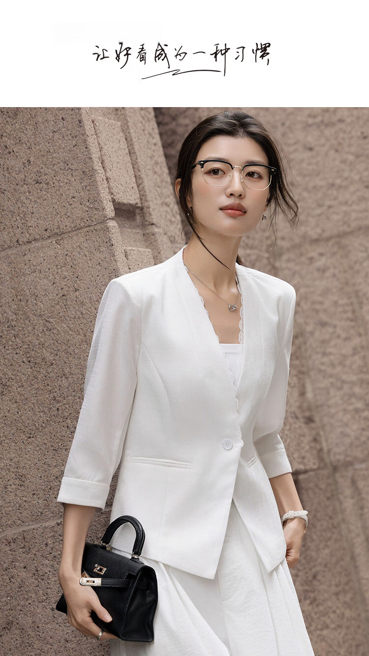 Demana [Light Business] Spring V-Neck Lace Single Button Three-Quarter Sleeve Double Piped Pocket Waist-Cinched Women's Blazer 1
