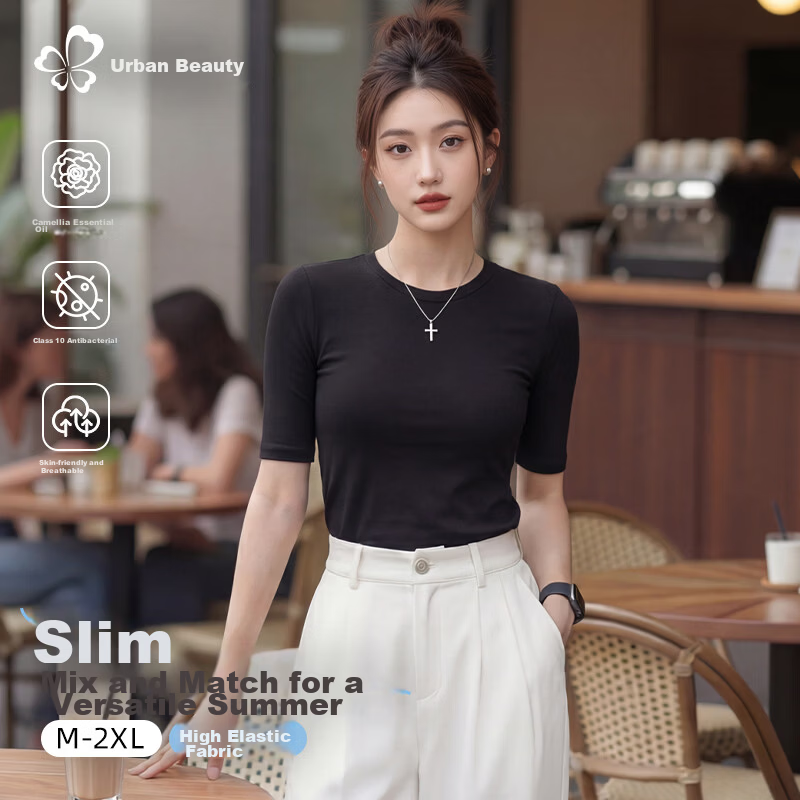 Urban Beauty Solid Color Short Sleeve Women's Slim Fit Breathable T-Shirt, Black XL