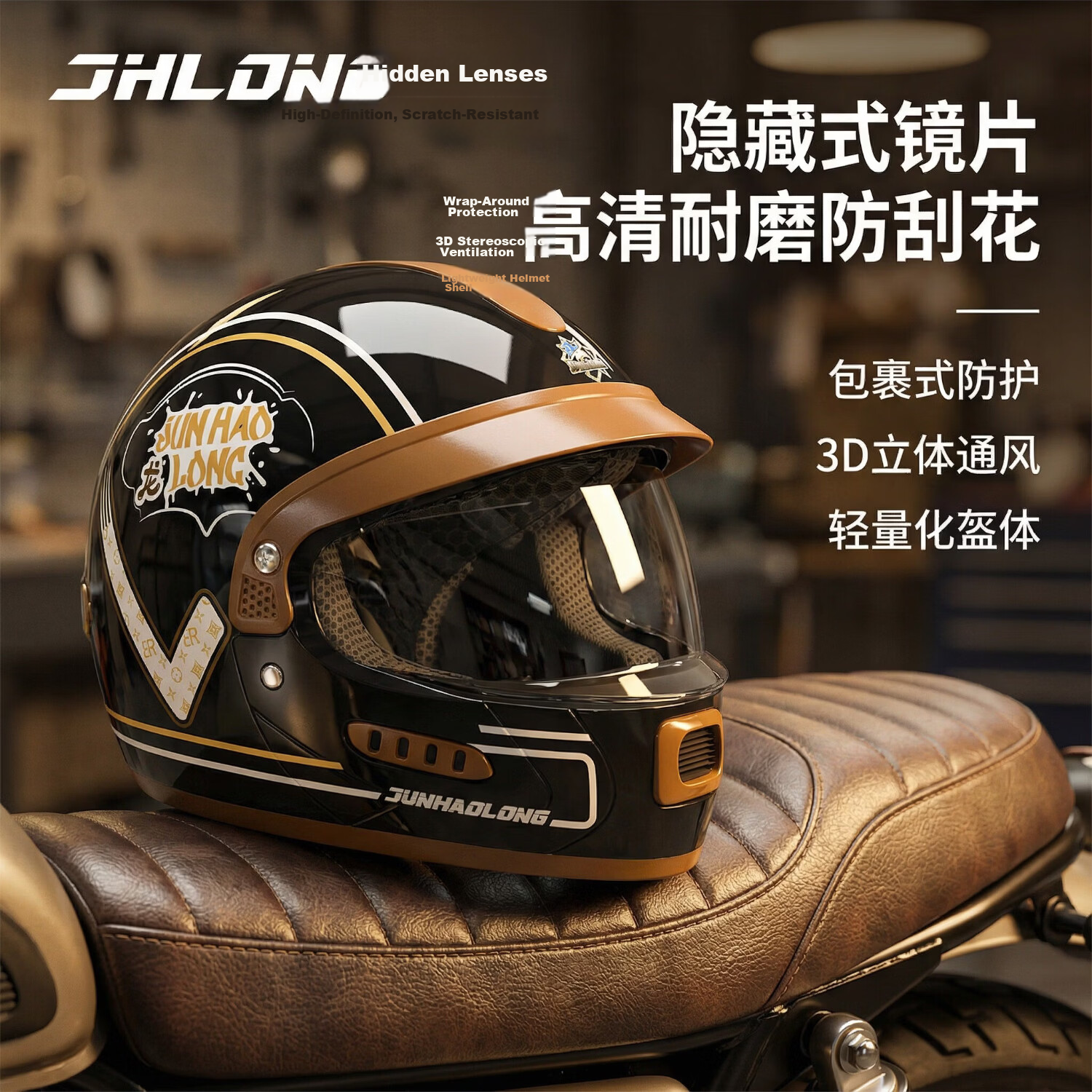 JUNHAOLONG Electric Motorcycle Helmet Full Face Inner Visor New National Standard 3C Certified Unisex Retro Four Seasons Windproof Safety Helmet 703 Glossy Black