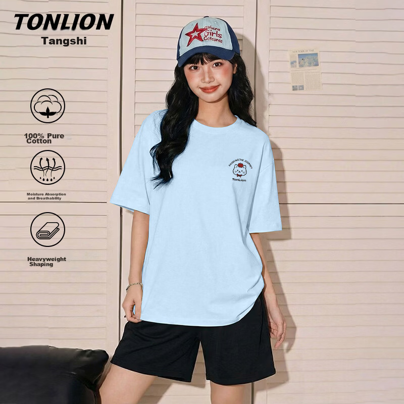 TonLion Women's Summer New Pure Cotton Short Sleeve Loose T-Shirt Cartoon Design Trendy High-Quality Half Sleeve Top