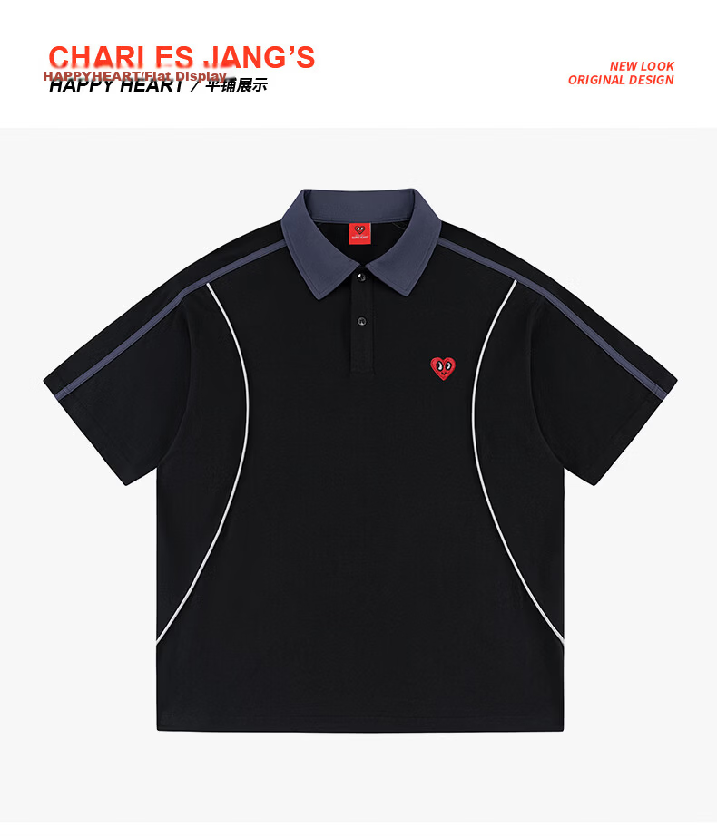 Charles Heart Summer Business Casual Patchwork Short Sleeve Polo Shirt Unisex Pure Cotton Versatile Couple Light Heather Gray M 17