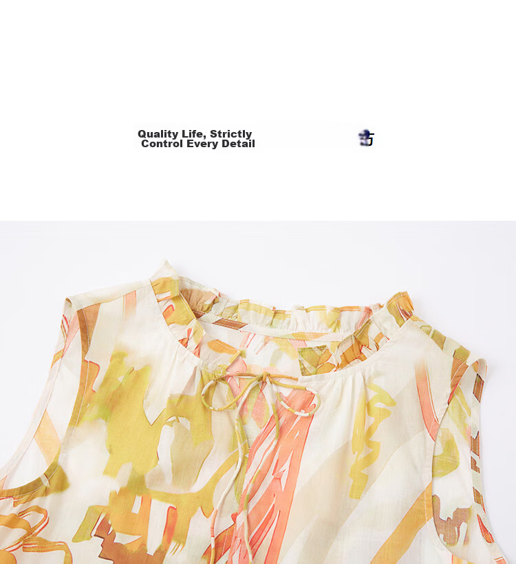 Demana [Oxygen Pure Cotton] Summer Vacation Style Tie-Waist Ruffle Collar Printed Slim Dress for Petite Women 11