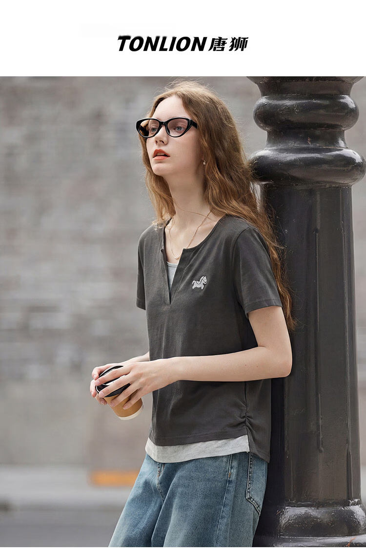 TonLion 2026 Summer Women's Color-Block Short Sleeve T-Shirt, Faux Two-Piece Spliced Casual Versatile Premium Women's Tee 1