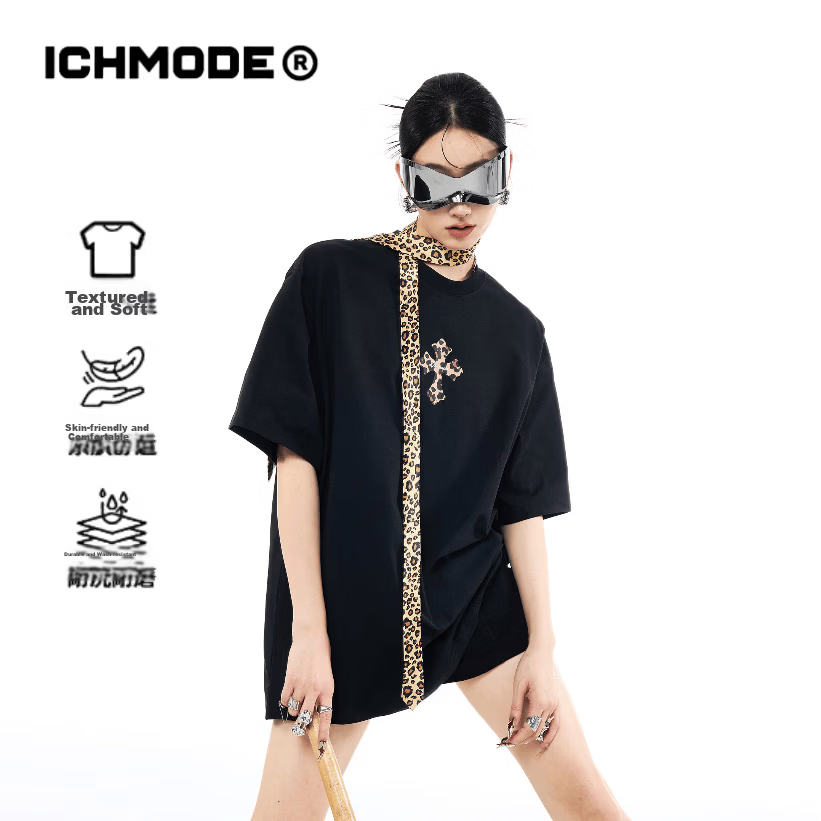 ICH MODE Leopard Print Cross Vintage Short Sleeve T-Shirt Women 2026 New Summer Round Neck Loose Sports Top Black XL