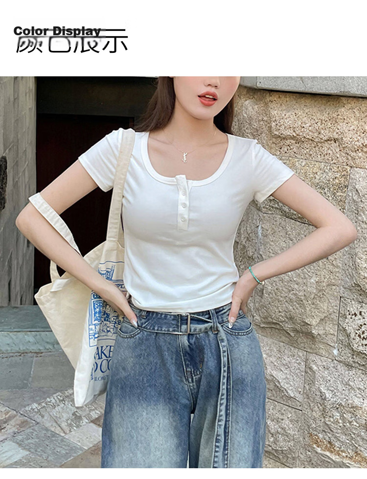 Ordifen 10A Antibacterial Women's Base Shirt 91% Cotton U-Neck Shoulder Short Sleeve T-Shirt Spring Summer Button Slim Fit Inner Wear Black XL 9