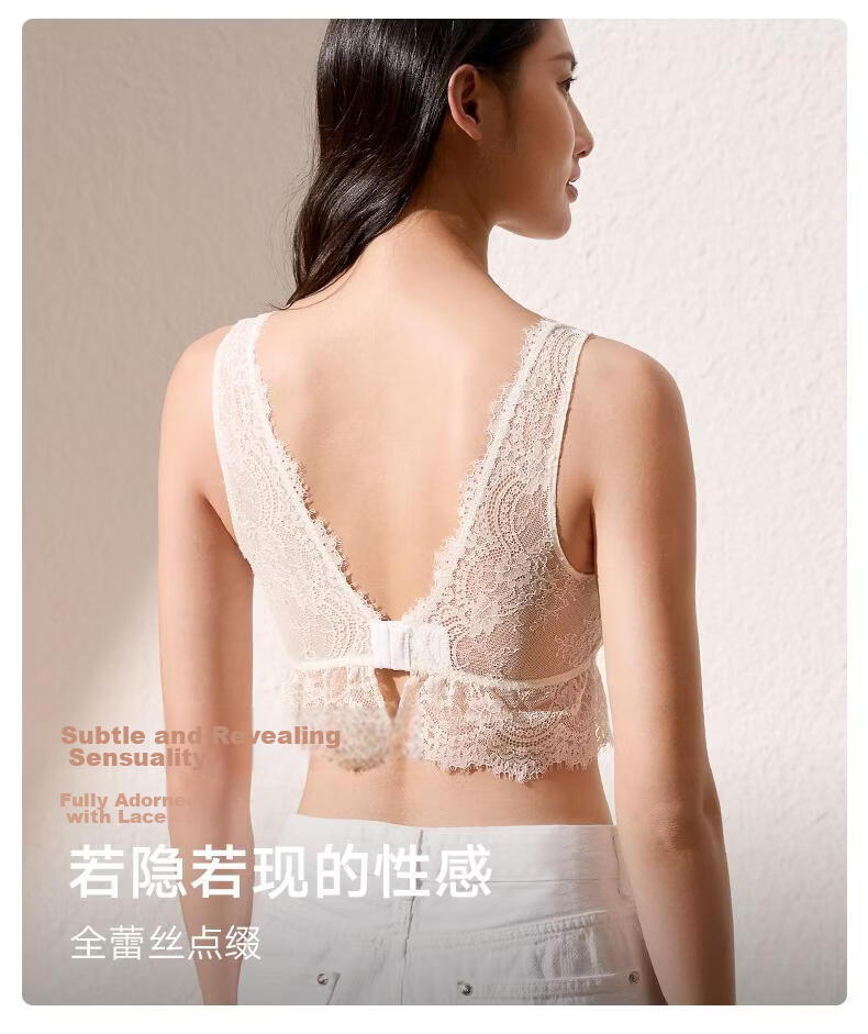 Manifen Lace Eyelash Vest Women Long Triangle Cup Camisole Back Beauty Inner Wear Push-Up Anti-Exposure Wireless Bra Base Layer 7